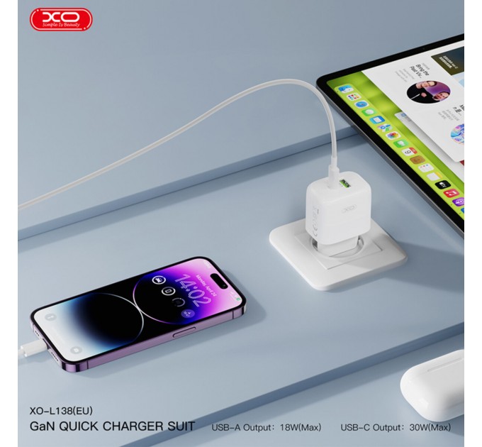 Сетевое зарядное устройство XO L138 PD30W/QC18W 1USB-A+1USB-C + Type-c кабель белый, цена: 379 грн.