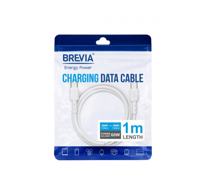 Кабель Brevia Type-C to Type-C 60W 1м, белый ZIP, цена: 164 грн.