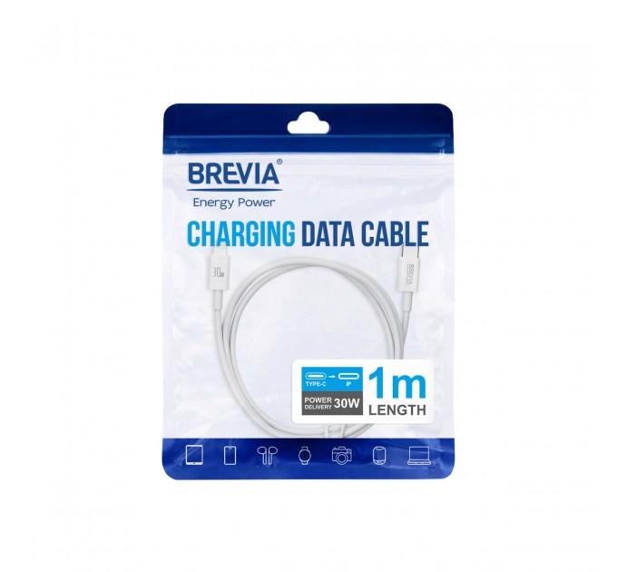 Кабель Brevia Type-C to Lightning 30W 1м, белый ZIP, цена: 178 грн.