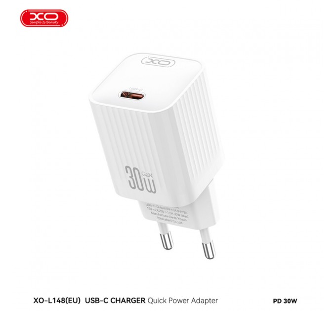 Сетевое зарядное устройство XO L148 PD30W USB-C + Type-C кабель белый, цена: 309 грн.