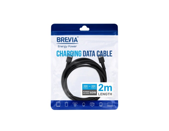 Кабель Brevia Type-C to Type-C 60W 2м, чорний ZIP, ціна: 228 грн.
