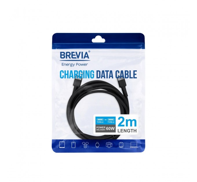Кабель Brevia Type-C to Type-C 60W 2м, черный ZIP, цена: 223 грн.
