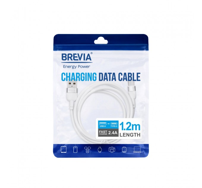 Кабель Brevia USB to Type-C 2,4A 1,2м, белый ZIP, цена: 131 грн.
