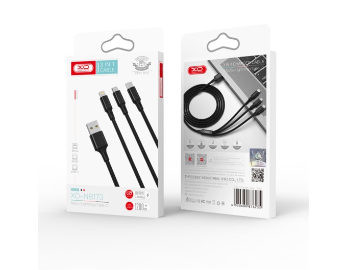 Кабель XO 3in1 USB - Lightning + MicroUSB + Type-C 1.2 м чорний, ціна: 129 грн.