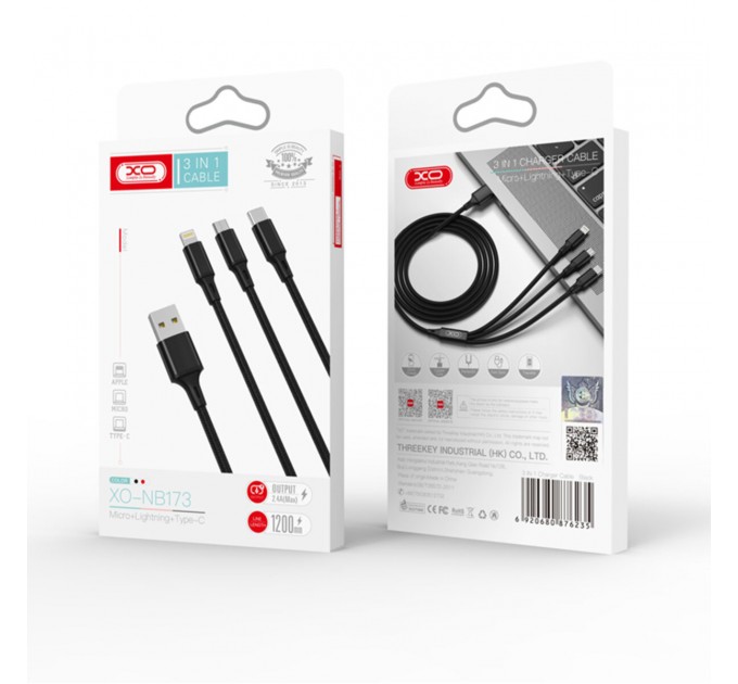 Кабель XO 3in1 USB - Lightning+MicroUSB+Type-C 1.2 м черный, цена: 99 грн.