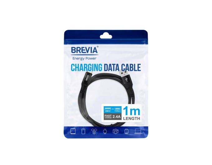 Кабель Brevia USB to Type-C 2,4А 1м, чорний ZIP, ціна: 141 грн.
