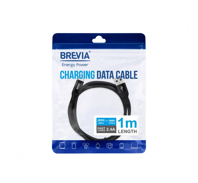 Кабель Brevia USB to Type-C 2,4А 1м, черный ZIP, цена: 138 грн.