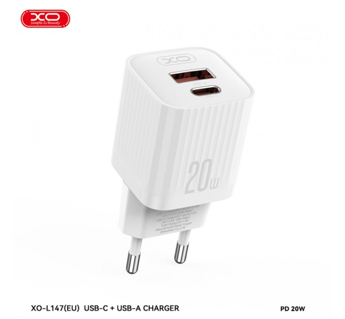 Сетевое зарядное устройство XO L147 PD20W 1USB-A+1USB-C + Lightning cable белый, цена: 259 грн.