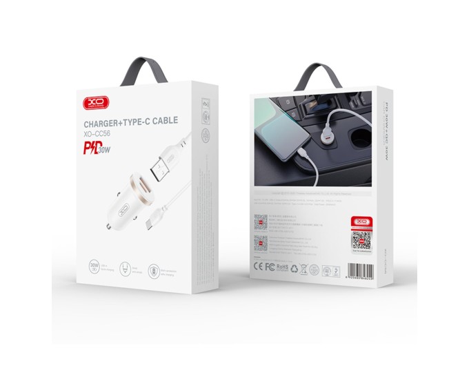 Автомобильное зарядное устройство XO CC56 Plastic mini 30W+ Type-c кабель белый, цена: 219 грн.