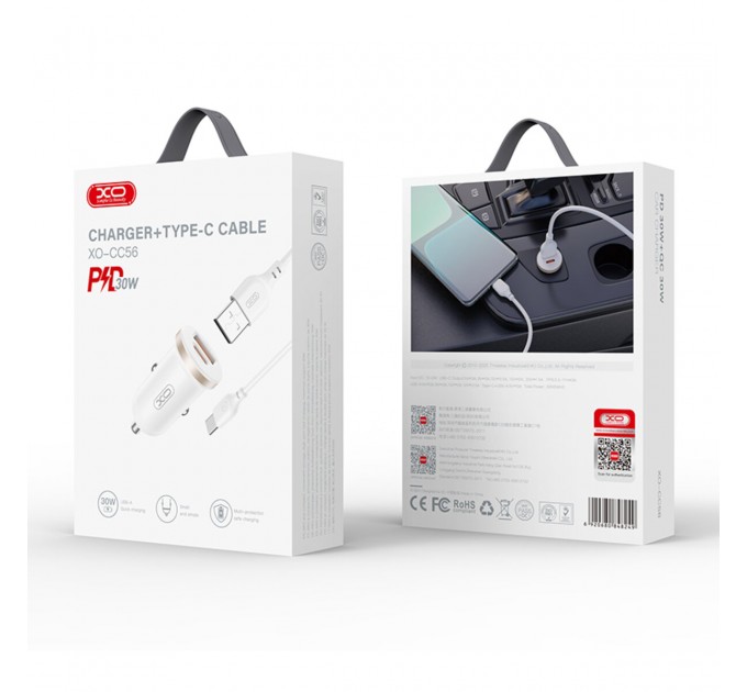 Автомобильное зарядное устройство XO CC56 Plastic mini 30W+ Type-c кабель белый, цена: 199 грн.