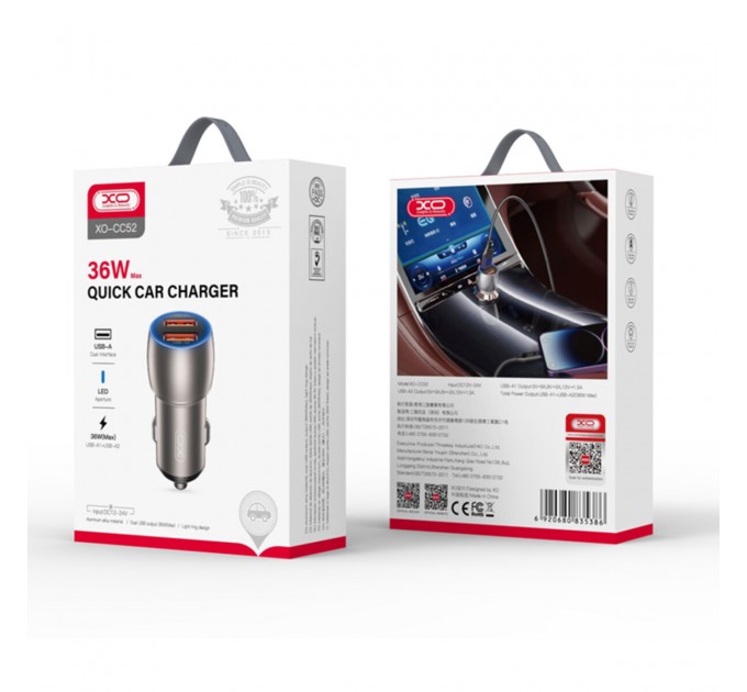 Автомобильное зарядное устройство XO CC52 Metal Dual USB QC3.0 36W черный, цена: 169 грн.