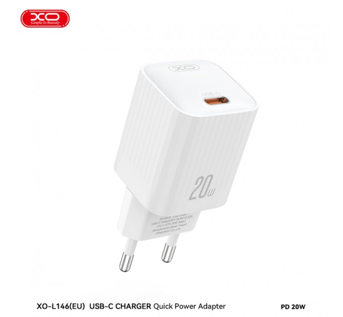 Сетевое зарядное устройство XO L146 PD20W Single USB-C + Type-C кабель белый, цена: 219 грн.