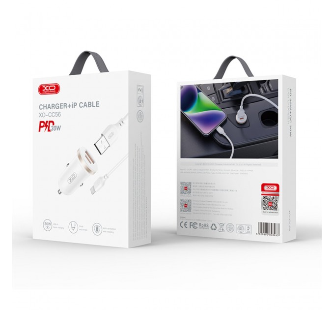 Автомобильное зарядное устройство для XO CC56 Plastic mini 30W+ Lightning кабель белый, цена: 199 грн.