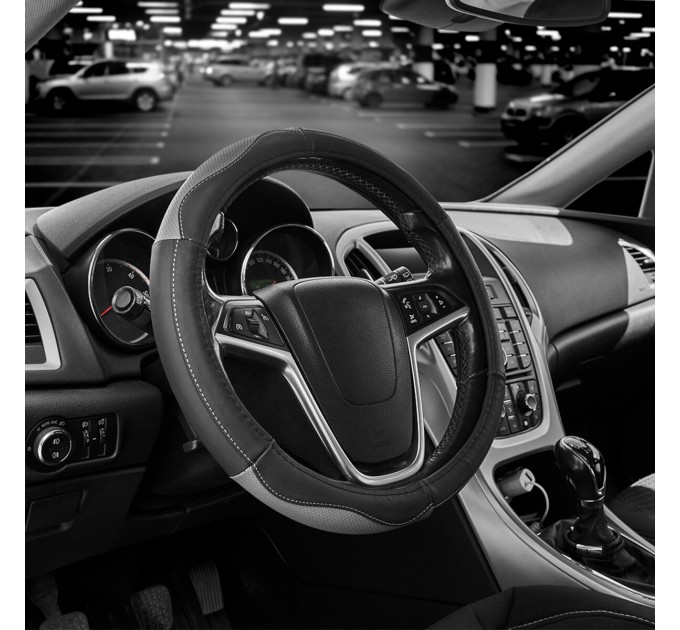 Чохол на кермо Carlife 37-39см, шкіра, чорний з сірими вставками, ціна: 408 грн.