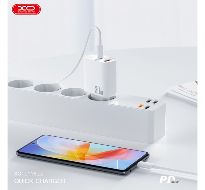 Сетевое зарядное устройство XO L116 PD30W/QC18W 1USB-C+1USB-A Type-C кабель белый, цена: 299 грн.