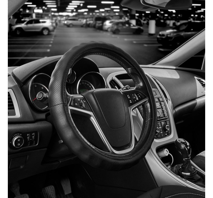 Чохол на кермо Carlife 37-39см, шкіра, чорний, біла гума, один шов, перфорований, ціна: 609 грн.