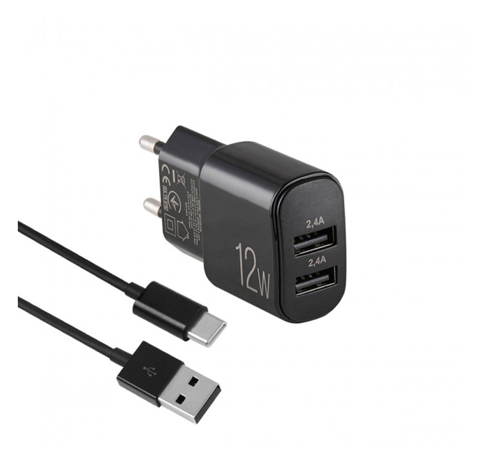 Сетевое зарядное устройство Brevia ePower 12W 2xUSB-A + кабель USB-A to USB-C 1м черный, цена: 319 грн.