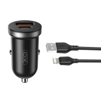 Автомобильное зарядное устройство XO CC56 Plastic mini 30W+ Lightning кабель черный