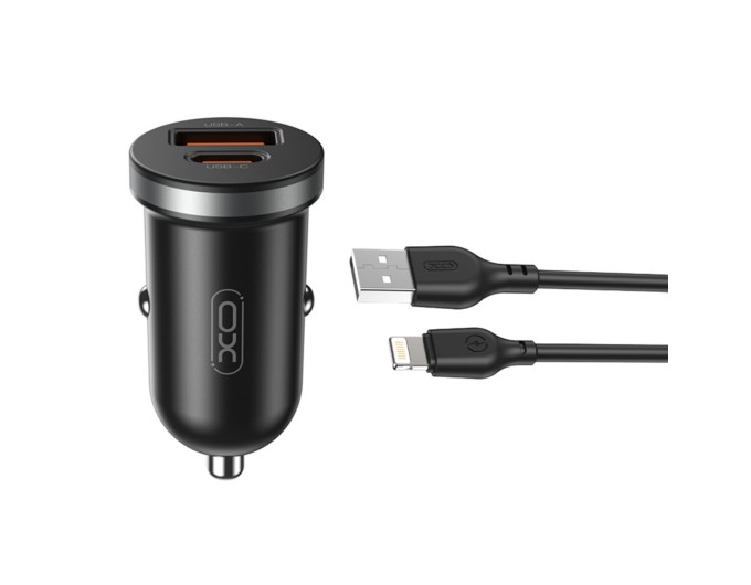 Автомобильное зарядное устройство XO CC56 Plastic mini 30W+ Lightning кабель черный, цена: 219 грн.