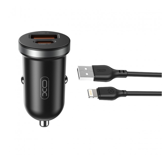 Автомобильное зарядное устройство XO CC56 Plastic mini 30W+ Lightning кабель черный, цена: 199 грн.