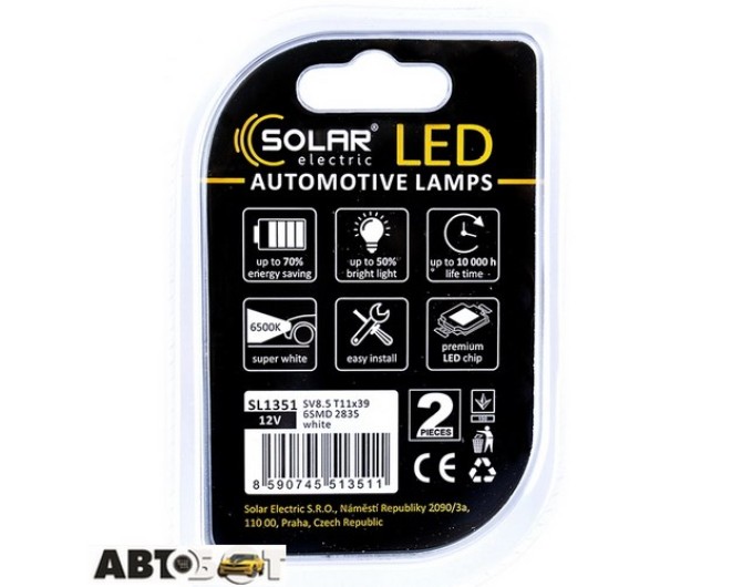 LED лампа SOLAR SV8.5 T11x39 12V 6SMD 2835 white SL1351 (2 шт.), ціна: 58 грн.