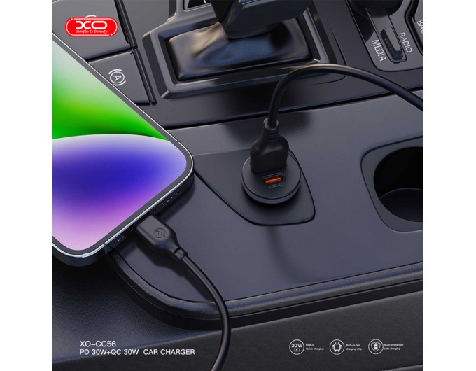 Автомобильное зарядное устройство XO CC56 Plastic mini 30W+ Lightning кабель черный, цена: 219 грн.