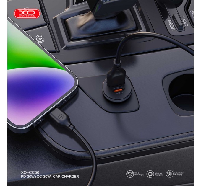 Автомобильное зарядное устройство XO CC56 Plastic mini 30W+ Lightning кабель черный, цена: 199 грн.