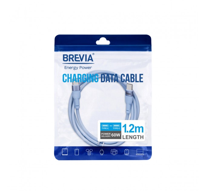 Кабель Brevia Type-C to Type-C 60W 1,2м, синий ZIP, цена: 148 грн.