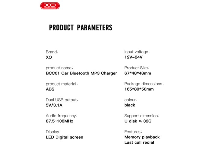 FM-трансмиттер XO BCC01 Bluetooth+FM+MP3 черный, цена: 399 грн.