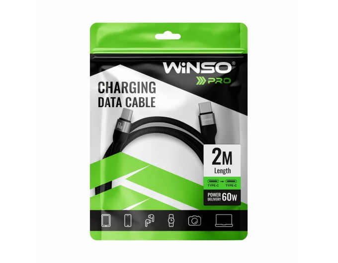 Кабель Winso Pro Type-C to Type-C 60W TPE+плетіння 2м чорний, ціна: 161 грн.