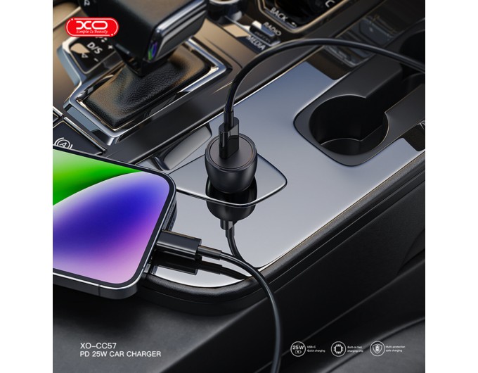 Автомобильное зарядное устройство XO CC57 PD25W Smart Metal Single C Port+ Lightning кабель черный, цена: 209 грн.