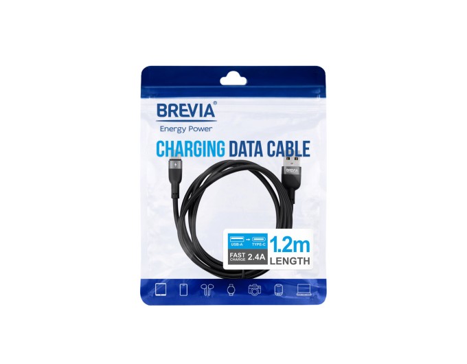 Кабель Brevia USB to Type-C 2,4A 1,2м, чорний ZIP, ціна: 134 грн.