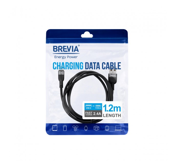 Кабель Brevia USB to Type-C 2,4A 1,2м, черный ZIP, цена: 131 грн.