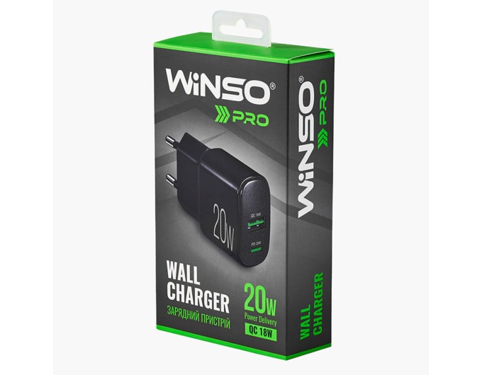 Мережевий зарядний пристрій Winso Pro PD20W USB-C+USB-A чорний, ціна: 372 грн.