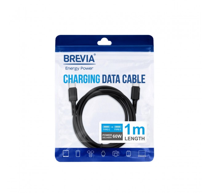 Кабель Brevia Type-C to Type-C 60W 1м, черный ZIP, цена: 118 грн.
