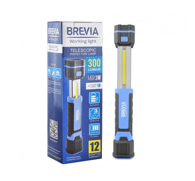 Телескопическая инспекционная лампа Brevia LED 3W COB+1W LED 300lm 2000mAh, microUSB, цена: 726 грн.
