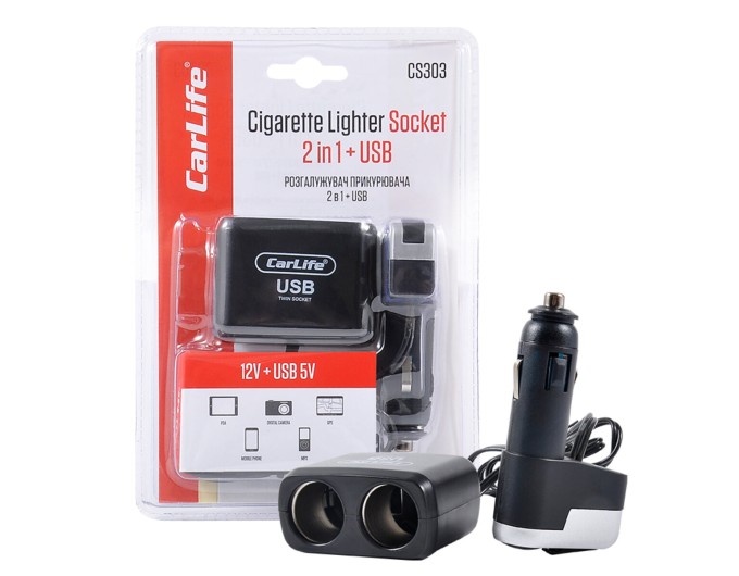 Разветвитель прикуривателя Carlife 2в1 + USB, 12В, 5A, цена: 194 грн.