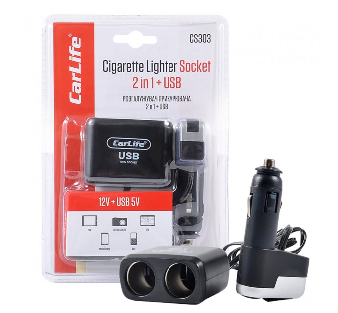 Разветвитель прикуривателя Carlife 2в1 + USB, 12В, 5A, цена: 190 грн.