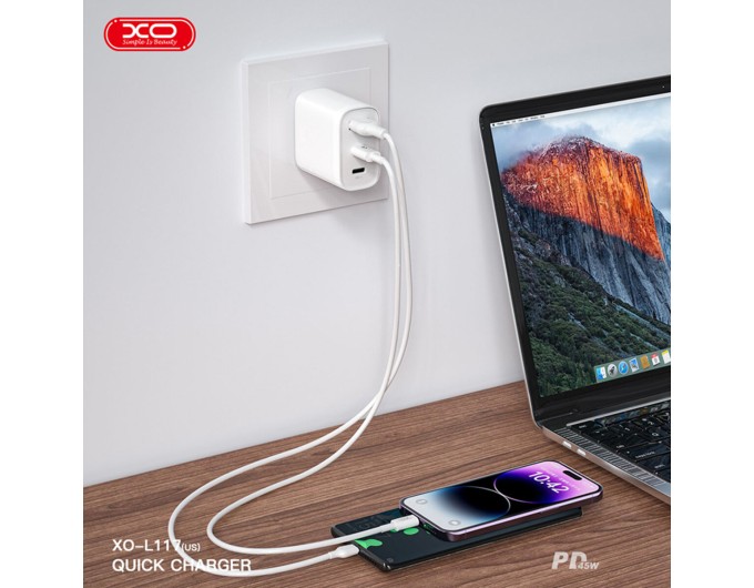 Сетевое зарядное устройство XO L117 PD45W/QC18W 2USB-C+1USB-A белый, цена: 599 грн.