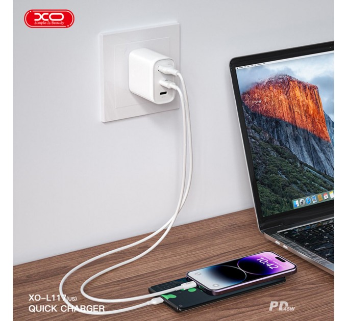 Сетевое зарядное устройство XO L117 PD45W/QC18W 2USB-C+1USB-A белый, цена: 499 грн.