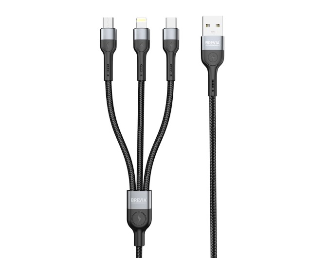 Кабель Brevia 3in1 USB to Lightning+Micro+Type-C 3A 1,2м, чорний, ціна: 290 грн.