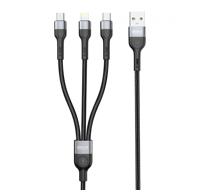 Кабель Brevia 3in1 USB to Lightning+Micro+Type-C 3A 1,2м, черный, цена: 284 грн.