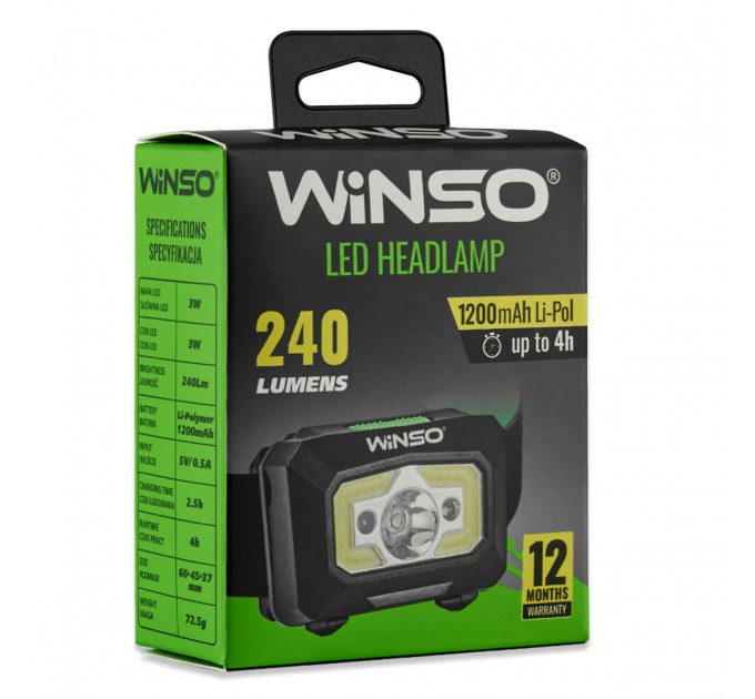 Фонарь налобный Winso 240Lm, 3W XPE+ COB, 1200mAh, с сенсором белый/красный, цена: 531 грн.