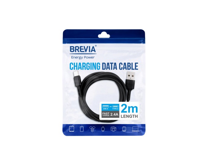 Кабель Brevia USB to Type-C 2,4A 2м, чорний ZIP, ціна: 103 грн.