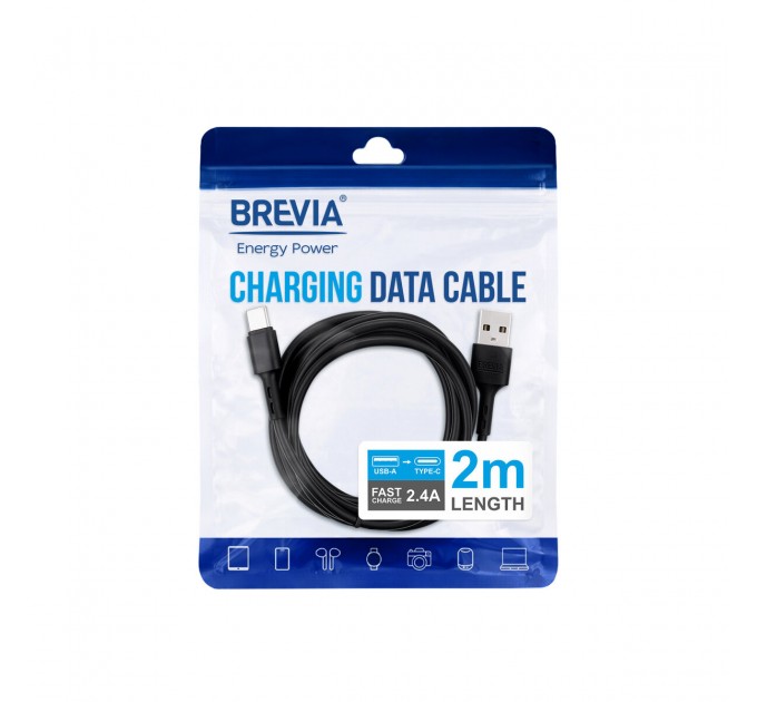 Кабель Brevia USB to Type-C 2,4A 2м, черный ZIP, цена: 101 грн.
