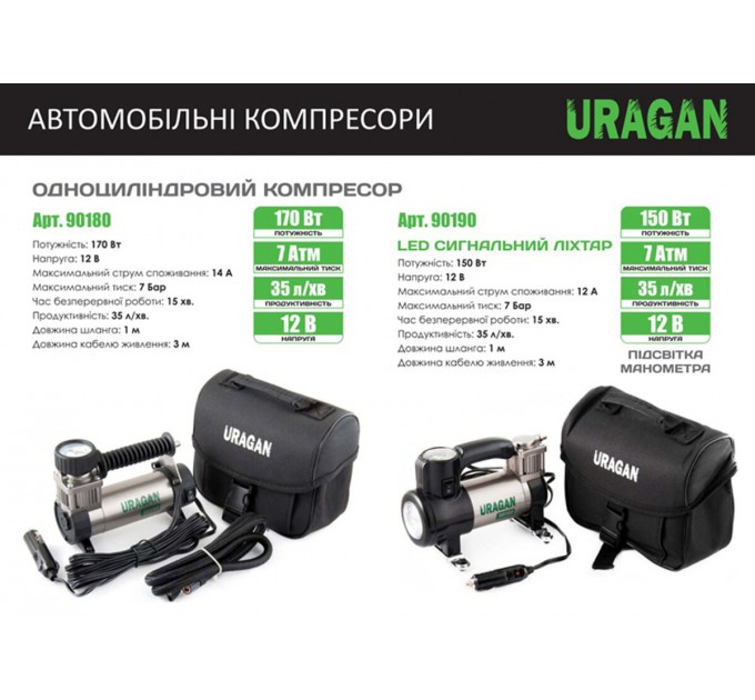 Компресор автомобільний Uragan 7Атм 35л/хв 150Вт з LED-ліхтарем, ціна: 1 178 грн.