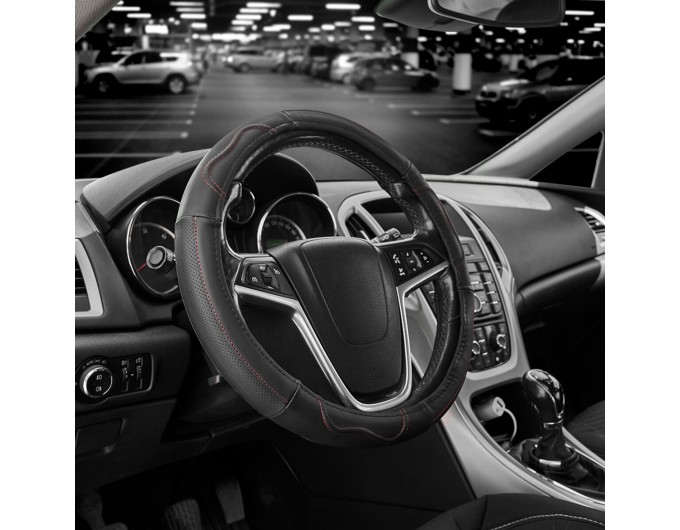 Чехол на руль Carlife 37-39см, кожа, черный с красной нитью, цена: 408 грн.