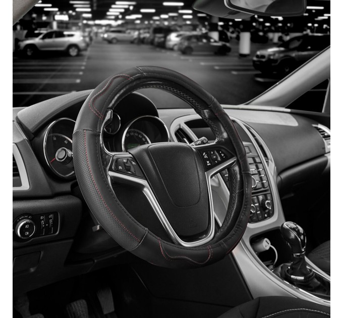 Чохол на кермо Carlife 37-39см, шкіра, чорний з червоною ниткою, ціна: 408 грн.