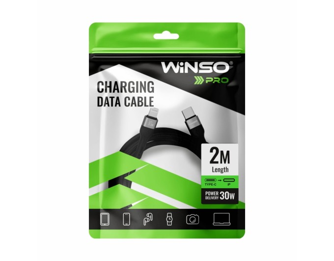 Кабель Winso Pro Type-C to Lightning 30W TPE+плетіння 2м чорний, ціна: 214 грн.