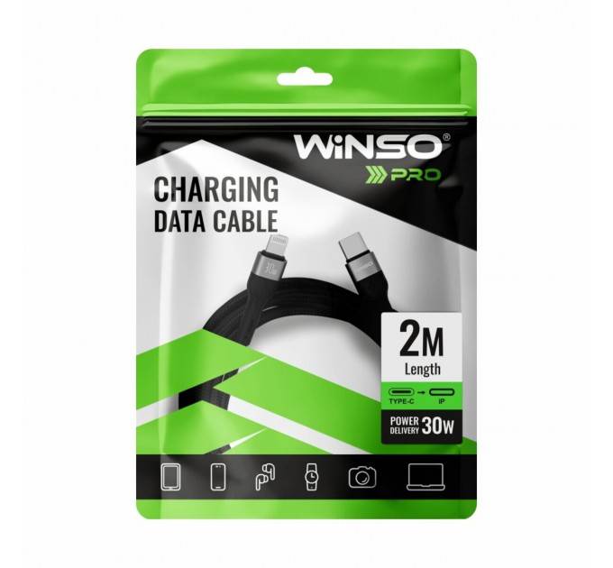 Кабель Winso Pro Type-C to Lightning 30W TPE+плетение 2м черный, цена: 214 грн.